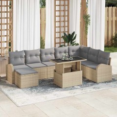 vidaXL Set di divani da giardino 9 pezzi con cuscini beige in rattan sintetico.