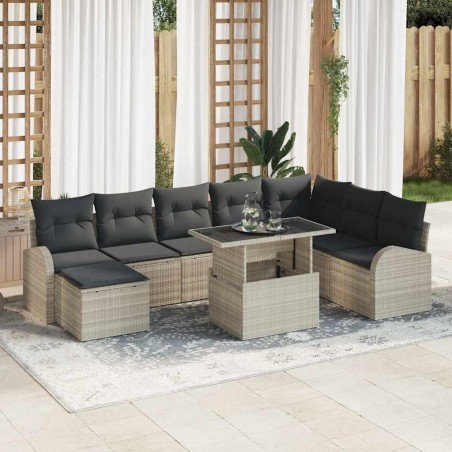 vidaXL Set di divani da giardino da 9 pezzi con cuscini grigio chiaro in rattan polimerico