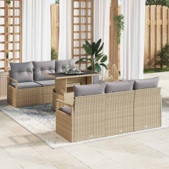 vidaXL Set di Divani da Giardino 7 Pezzi con Cuscini Beige in Rattan Sintetico
