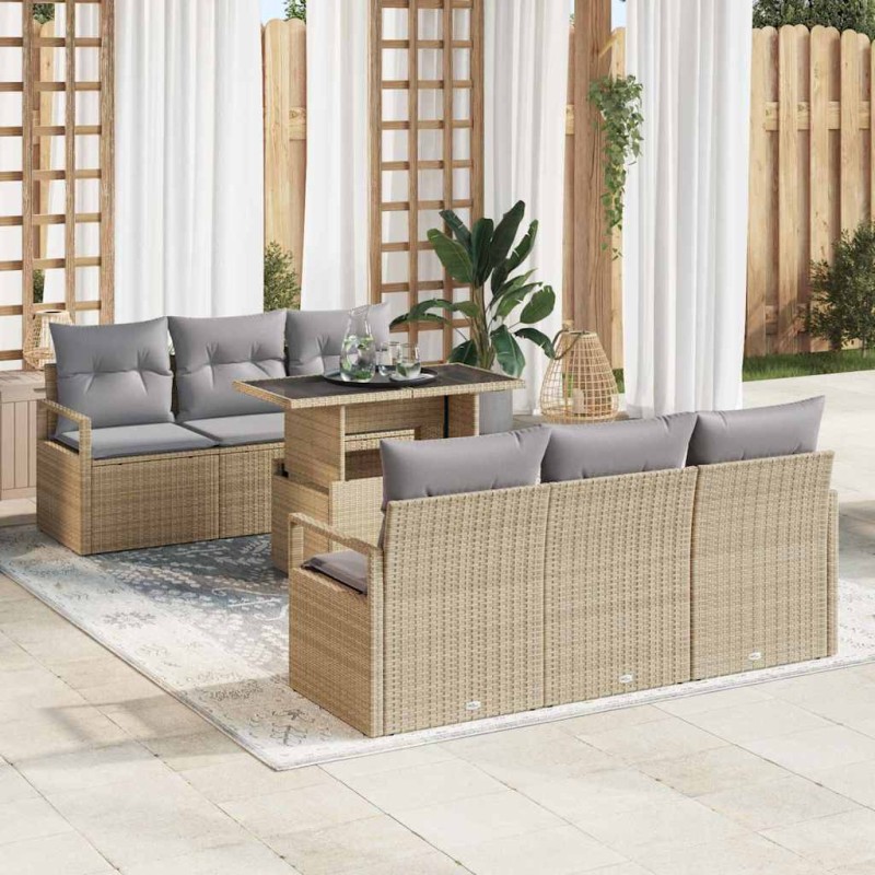 vidaXL Set di Divani da Giardino 7 Pezzi con Cuscini Beige in Rattan Sintetico