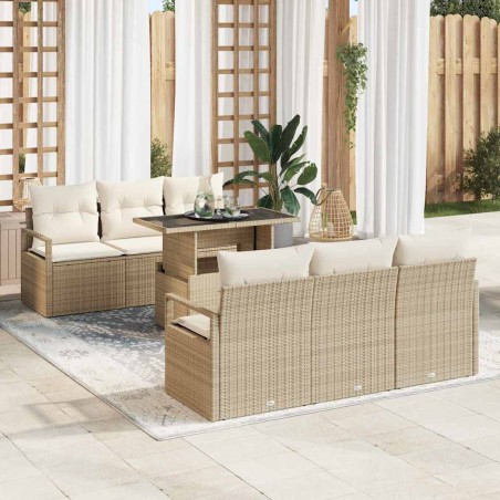 vidaXL Set di divani da giardino a 7 pezzi con cuscini beige in rattan sintetico.
