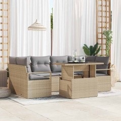 vidaXL Set di divani da giardino 7 pezzi con cuscini beige in polirattan