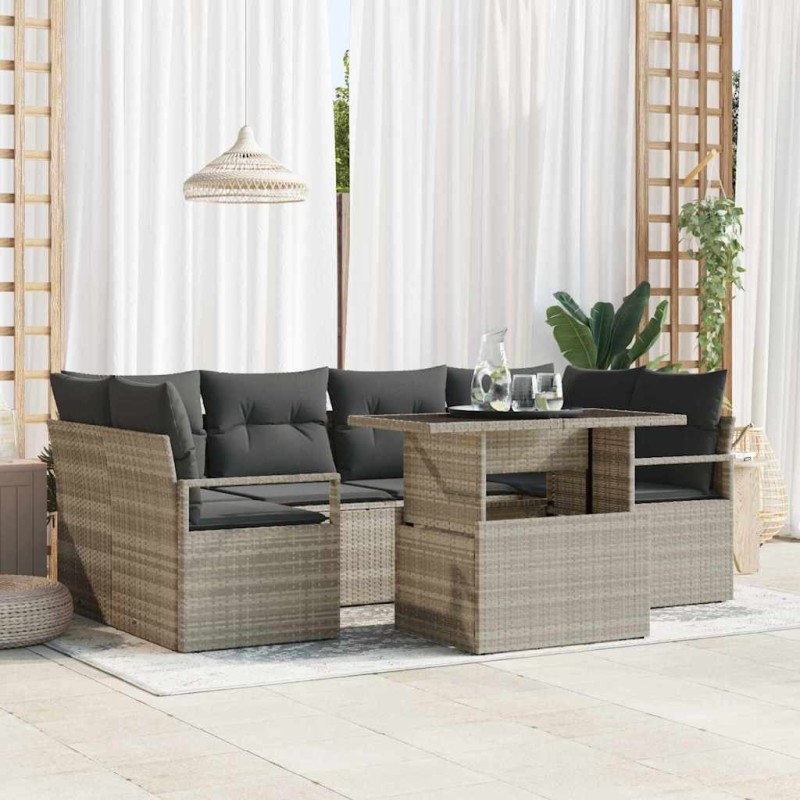 vidaXL Set da giardino in polyrattan da 7 pezzi con cuscini grigio chiaro