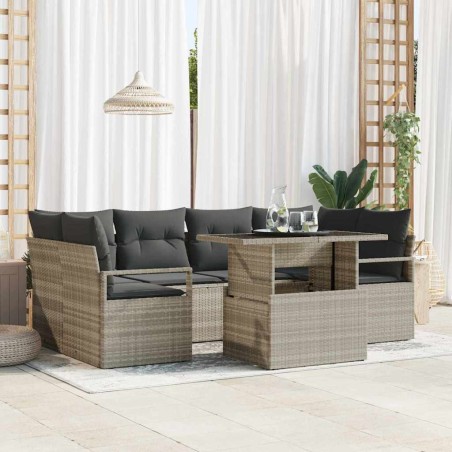 vidaXL Set da giardino in polyrattan da 7 pezzi con cuscini grigio chiaro