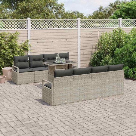 vidaXL Set divani da giardino 9 pezzi con cuscini, Grigio chiaro, Poly Rattan