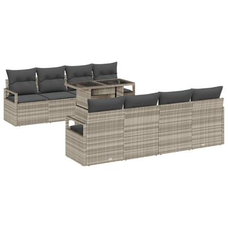 vidaXL Set divani da giardino 9 pezzi con cuscini, Grigio chiaro, Poly Rattan