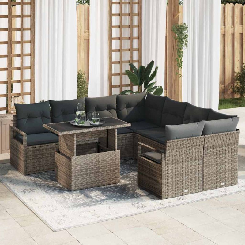 vidaXL Set divano da giardino 9 pezzi con cuscini in rattan poliolefinico grigio