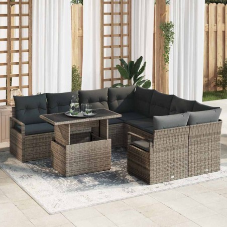 vidaXL Set divano da giardino 9 pezzi con cuscini in rattan poliolefinico grigio