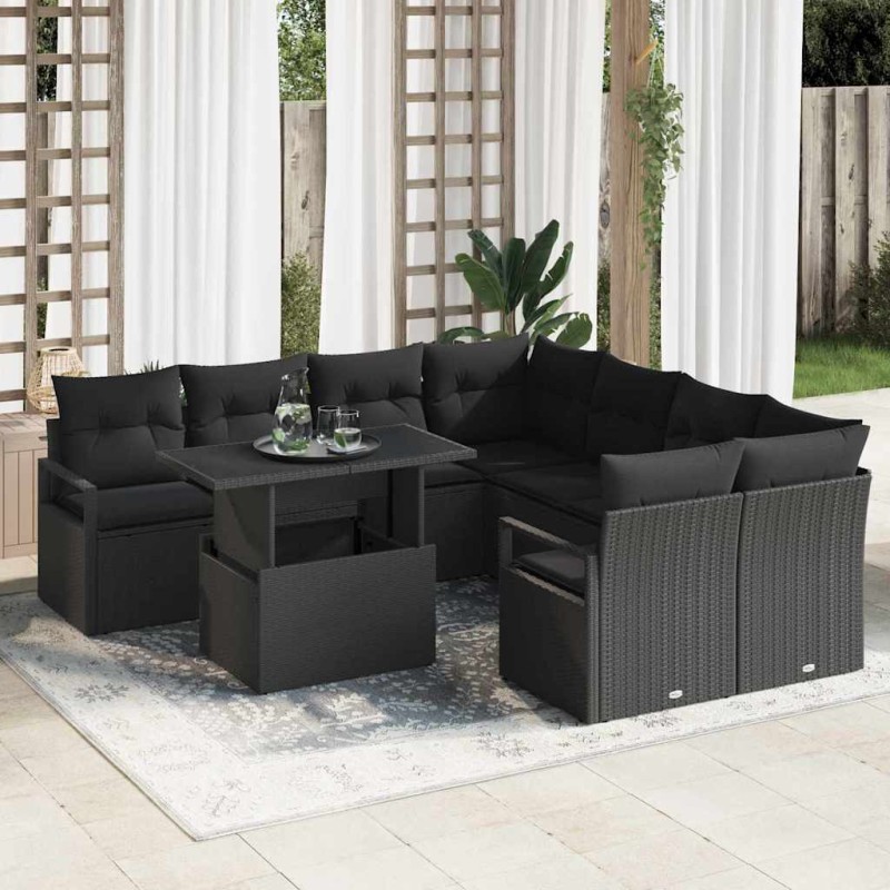 vidaXL Set di Divani da Giardino 9 Pezzi con Cuscini in Rattan Sintetico Nero
