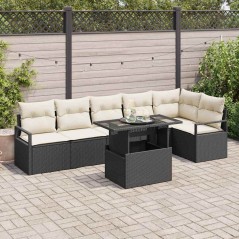 vidaXL Set da giardino in rattan sintetico nero, 7 pezzi con cuscini