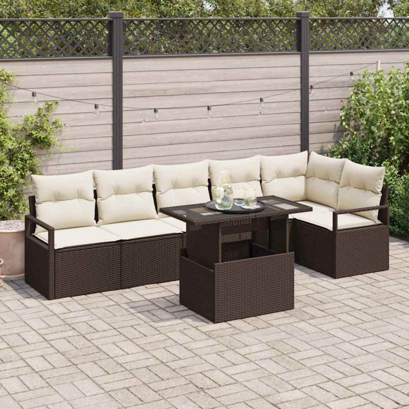 vidaXL Set di divani da giardino da 7 pezzi con cuscini in rattan sintetico marrone