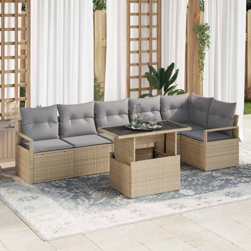 vidaXL Set di Divani da Giardino 7 Pezzi con Cuscini Beige in Rattan Sintetico