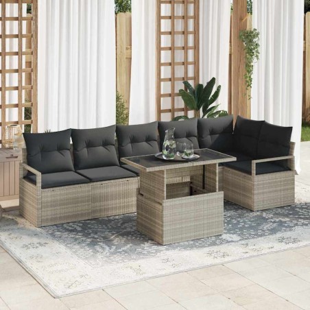 vidaXL Set di divani da giardino con 7 pezzi e cuscini grigio chiaro in polyrattan