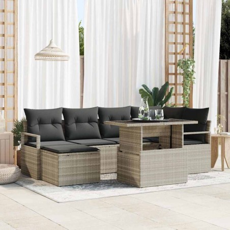 vidaXL Set Divano da Giardino 7 Pezzi con Cuscini Grigio Chiaro in Polyrattan