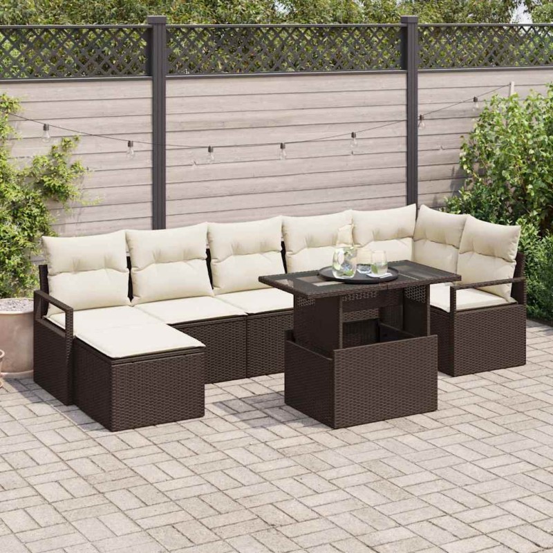 vidaXL Set Divano da Giardino in 8 Pezzi con Cuscini in Rattan e Poliestere Marrone