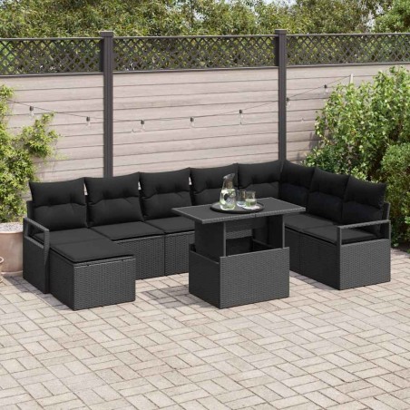 vidaXL Set di divani da giardino 9 pezzi con cuscini neri in rattan economico