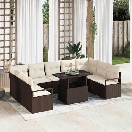 vidaXL Set di divano da giardino a 10 pezzi con cuscini marroni in polirattan