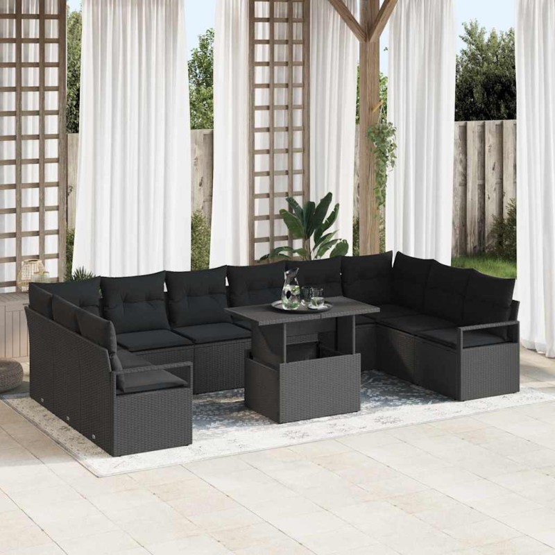 vidaXL Set di divani da giardino da 11 pezzi con cuscini in rattan sintetico nero