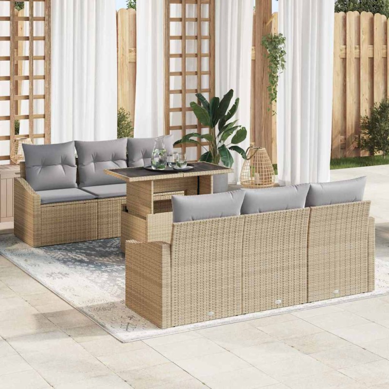 vidaXL Set di divani da giardino da 7 pezzi con cuscini in rattan sintetico beige