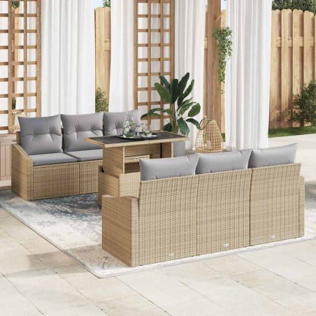 vidaXL Set di divani da giardino da 7 pezzi con cuscini in rattan sintetico beige