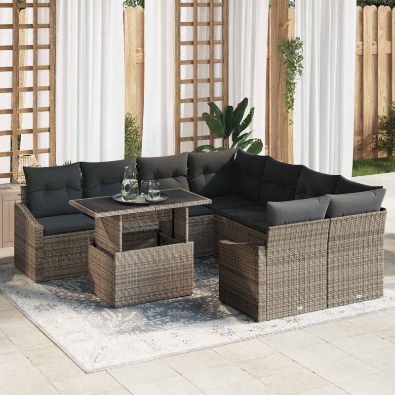 vidaXL Set da giardino 9 pezzi con cuscini grigi in rattan sintetico vidaXL Set da giardino 9 pezzi con cuscini grigi in rattan sintetico