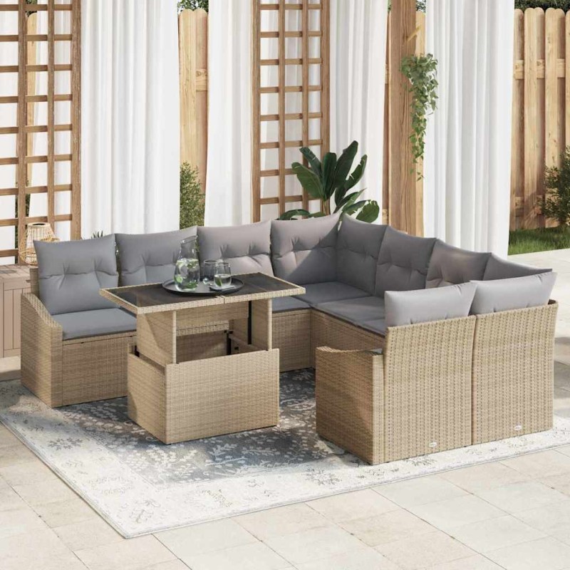 vidaXL Set di divani da giardino 9 pezzi con cuscini beige in polyrattan vidaXL Set di divani da giardino 9 pezzi con cuscini beige in polyrattan