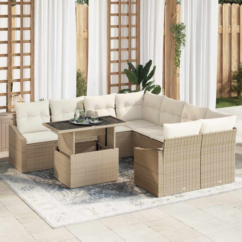 vidaXL Set di divani da giardino 9 pezzi con cuscini beige in rattan sintetico
