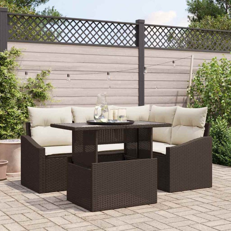 vidaXL Set di divano da giardino a 5 pezzi con cuscini marroni in rattan sintetico