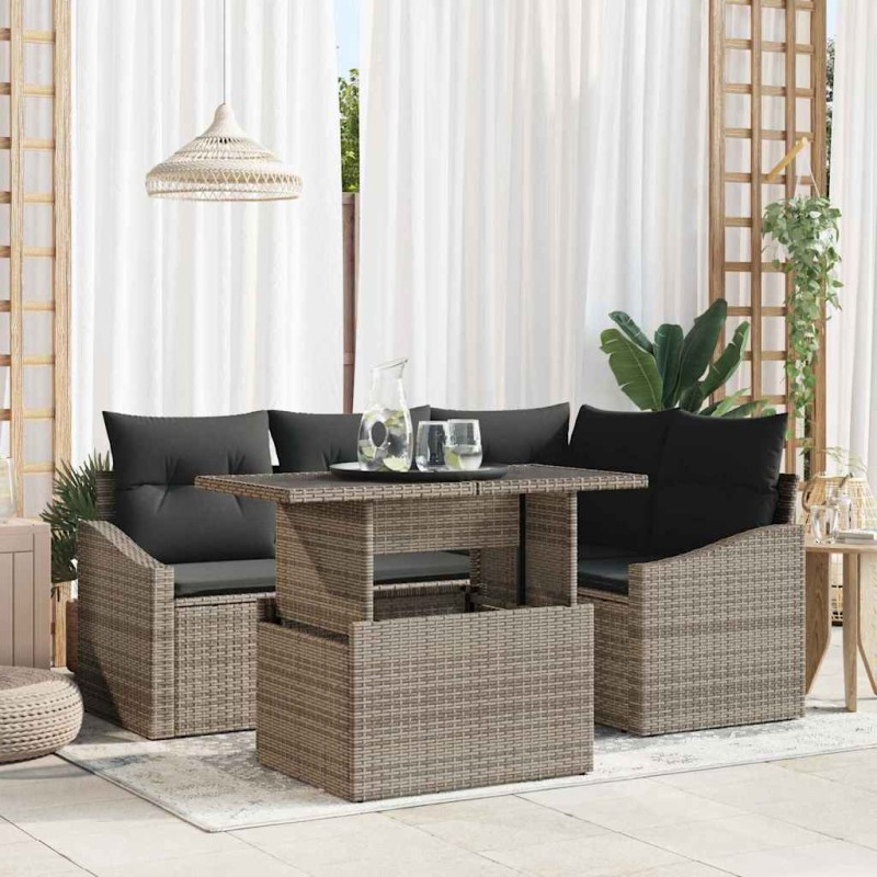 vidaXL Set divano da giardino 5 pezzi con cuscini grigi in poly rattan
