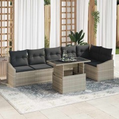 vidaXL Set di divano da giardino 7 pezzi con cuscini grigio chiaro in polirattan