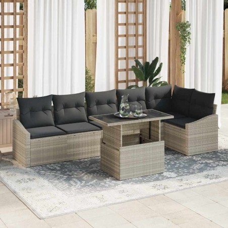 vidaXL Set di divano da giardino 7 pezzi con cuscini grigio chiaro in polirattan