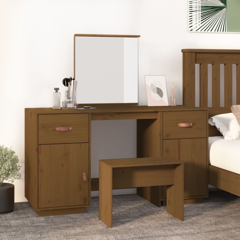 Set Toeletta con Specchio Marrone Miele Legno Massello di Pino Set Toeletta con Specchio Marrone Miele Legno Massello di Pino