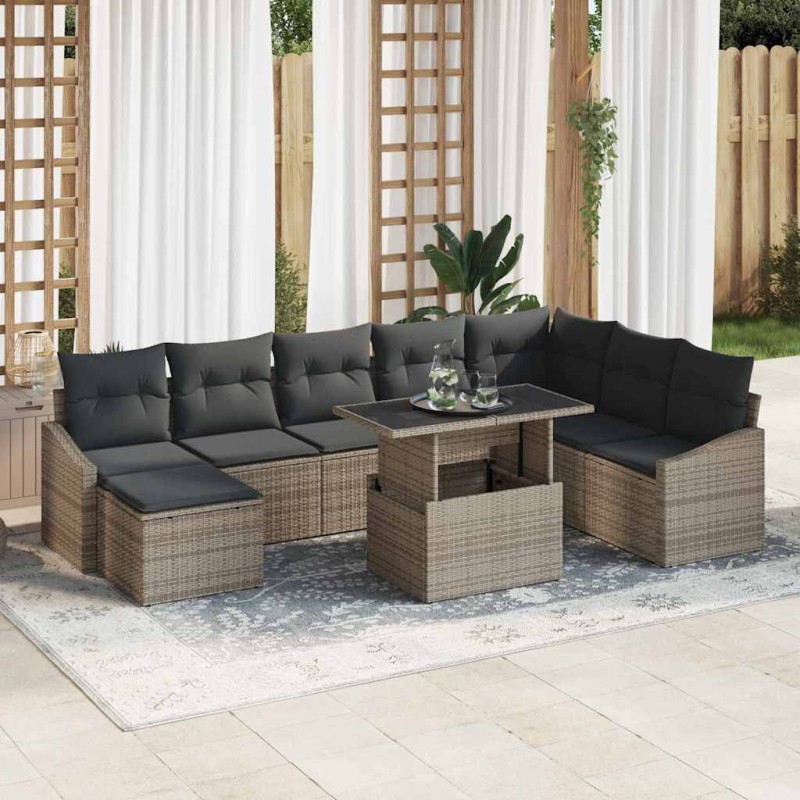 vidaXL Set di divani da giardino a 9 pezzi con cuscini grigi in rattan sintetico