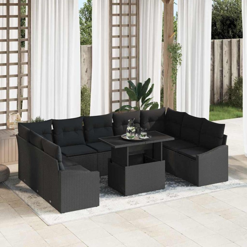 vidaXL Set da Giardino 10 Pezzi con Cuscini in Rattan Nero