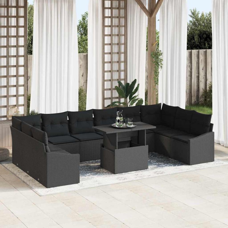 vidaXL Set Giardino 11 Pezzi con Cuscini in Rattan Nero