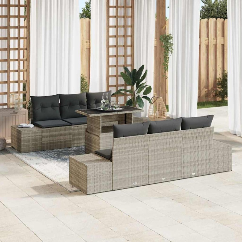 vidaXL Set di divani da giardino 7 pezzi con cuscini grigio chiaro in rattan sintetico