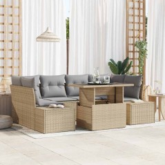 vidaXL Set di Divano da Giardino da 7 Pezzi con Cuscini Beige in Rattan Sintetico