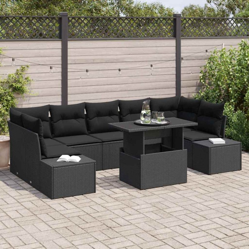 vidaXL Set Divano da Giardino 8 Pezzi con Cuscini in Rattan Polipropilene Nero