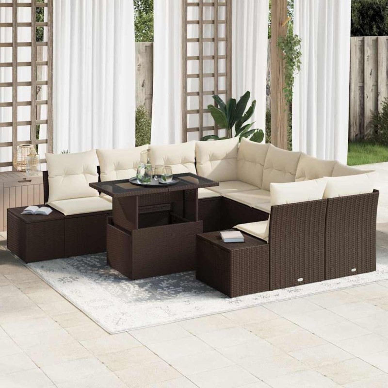 vidaXL Set di divani da giardino 9 pezzi con cuscini marroni in rattan sintetico