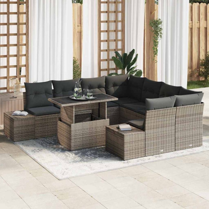 vidaXL Set di divani da giardino 9 pezzi con cuscini grigi in polirattan vidaXL Set di divani da giardino 9 pezzi con cuscini grigi in polirattan