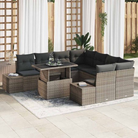 vidaXL Set di divani da giardino 9 pezzi con cuscini grigi in polirattan