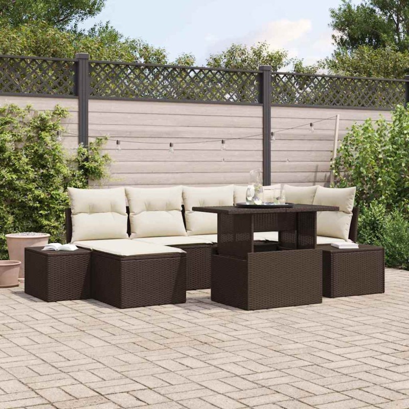 vidaXL Set di divani da giardino in 7 pezzi con cuscini in rattan sintetico marrone