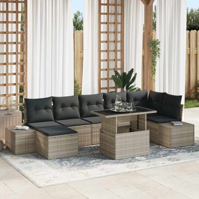 vidaXL Set da Giardino di 8 pezzi con cuscini grigio chiaro in rattan sintetico