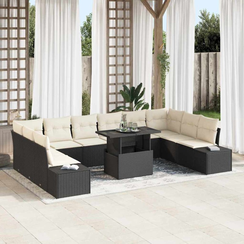 vidaXL Set di divani da giardino 11 pezzi con cuscini in polyrattan nero