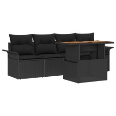 vidaXL Set divano giardino 5 pezzi rattan nero e cuscini in acacia