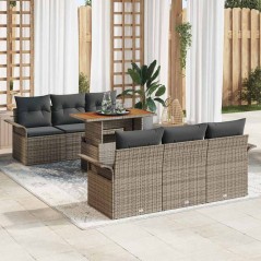 vidaXL Set da Giardino a 7 Pezzi con Cuscini Grigi in Rattan Polirattan e Acacia
