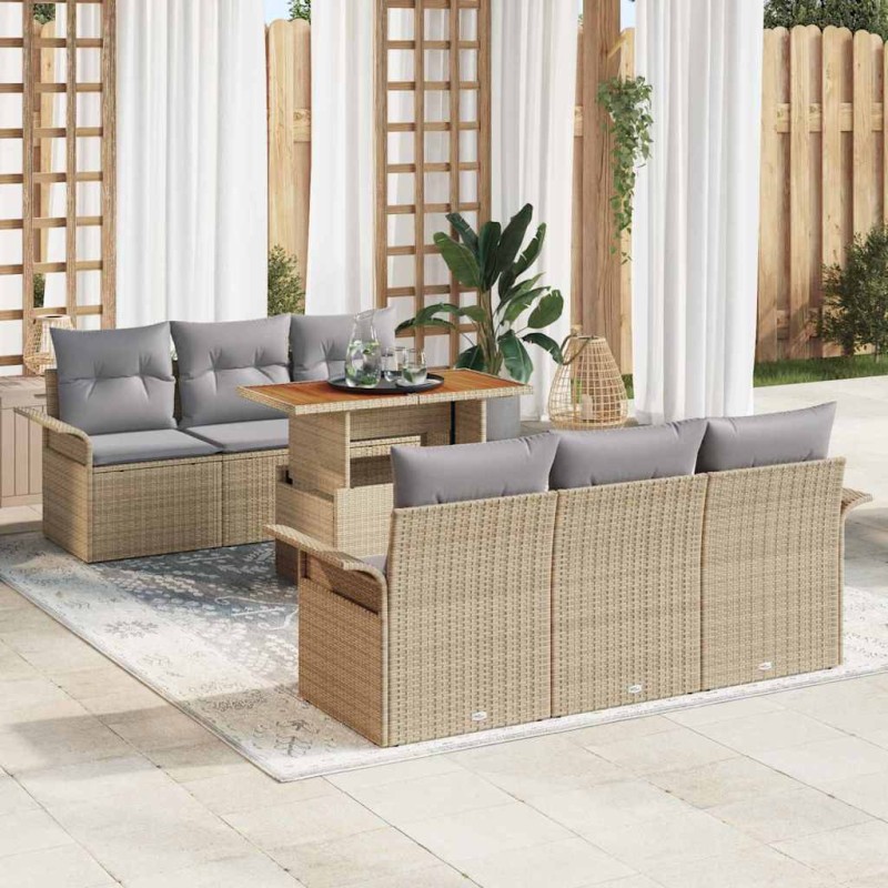 vidaXL Set da giardino con 7 pezzi e cuscini beige in rattan sintetico e legno di acacia