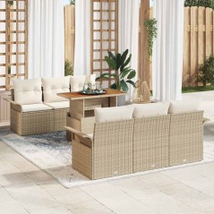 vidaXL Set da giardino 7 pezzi con cuscini beige in rattan sintetico e acacia.