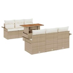vidaXL Set da giardino 7 pezzi con cuscini beige in rattan sintetico e acacia.