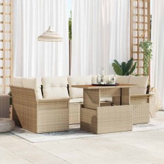 vidaXL Set da giardino di 7 pezzi con cuscini in polirattan beige e legno di acacia